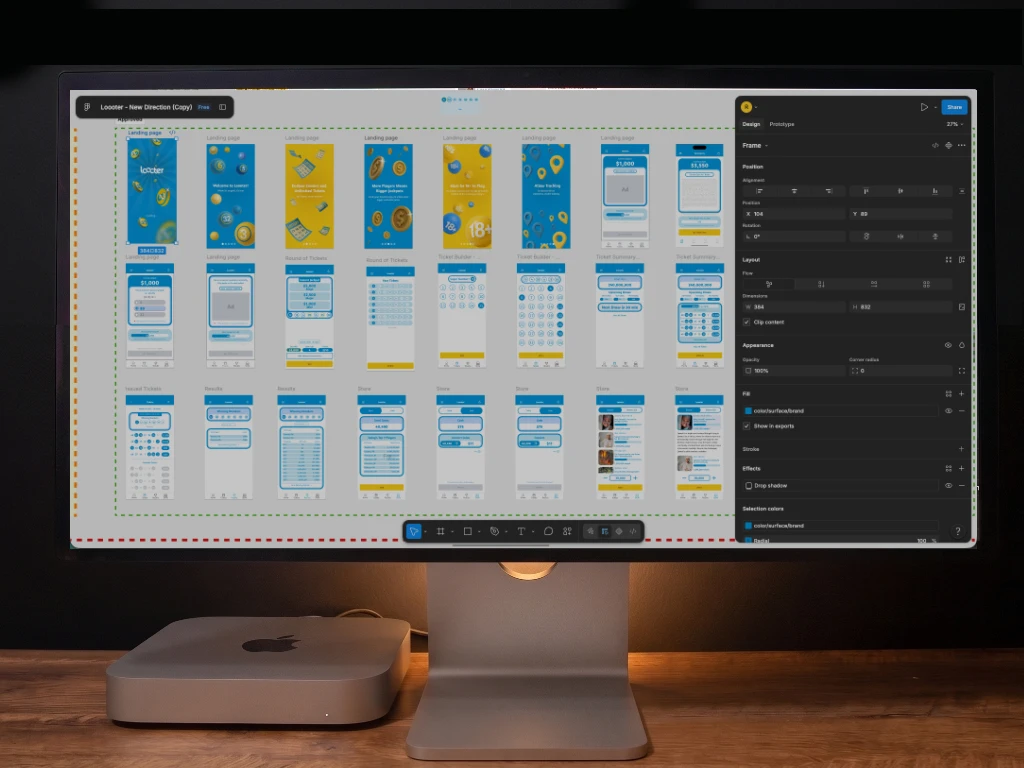 The Loooter “New Direction” Figma file on screen, screens laid out in the approved staging zone