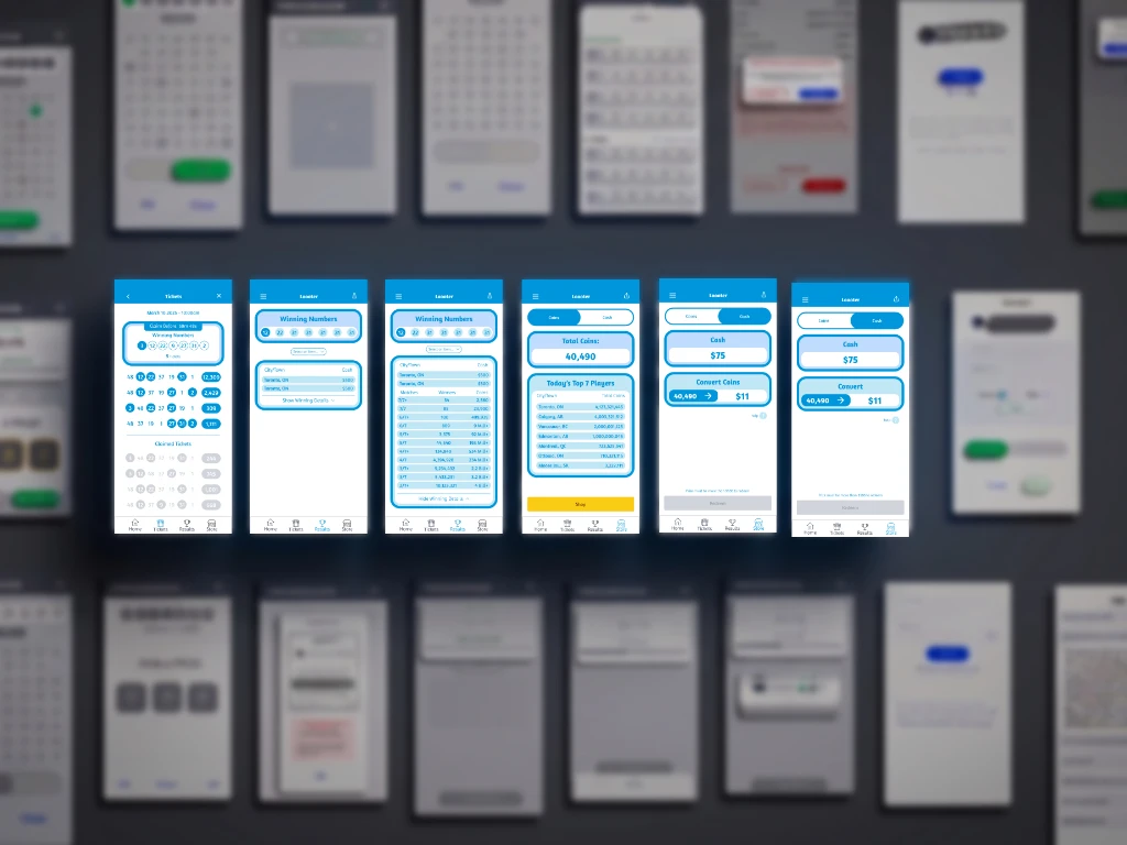 A wall of mid-fidelity wireframes with the core journey — results, leaderboard, coin conversion — pulled into focus