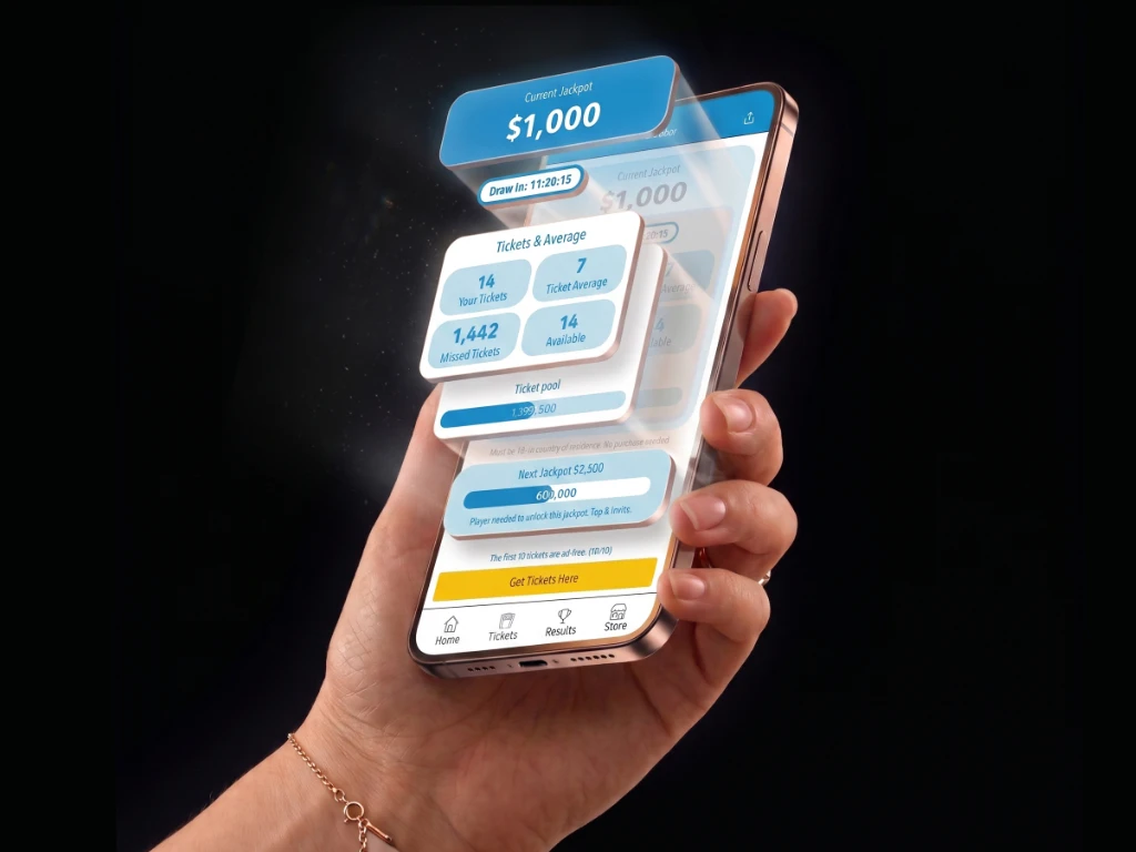 The shipped home screen held in hand, its jackpot, ticket and pool cards lifting off the phone