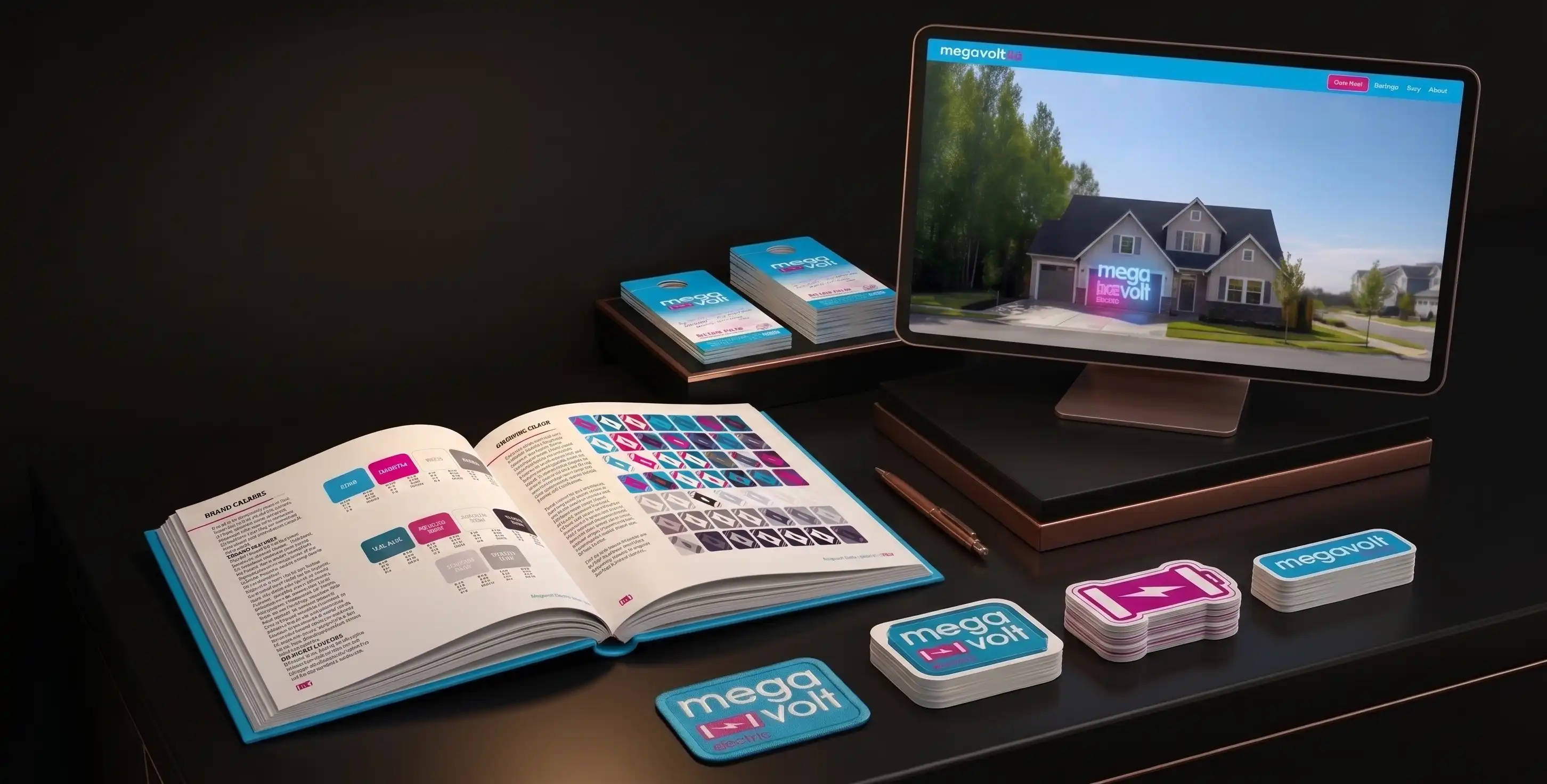The Megavolt brand system laid out on a dark desk — an open guidelines book showing the colour palette, stacked business cards, logo stickers and a patch, with the site’s hero on the monitor behind them