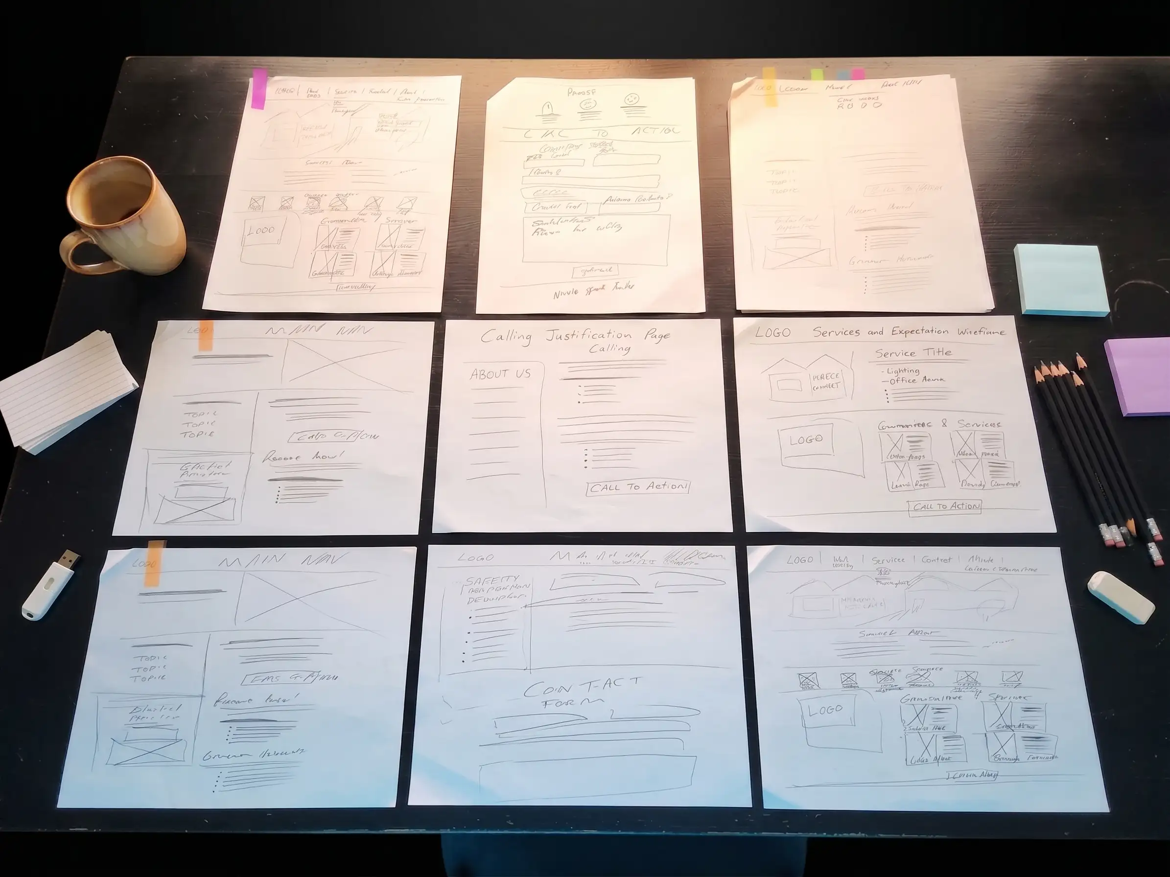 Nine hand-drawn page wireframes laid out in a grid on a desk — the whole site's structure sketched on paper before any of it was built